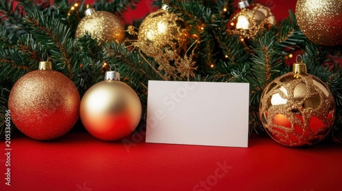 Luxury Gold Red Christmas Holiday Decor with Blank Gift Card Mockup