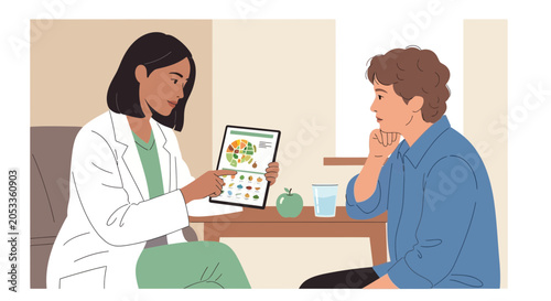Nutritionist Consults Patient Discussing Healthy Diet Plan on Tablet