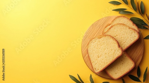 Sliced Wheat Bread on Wooden Board with Sunny Yellow Backdrop Flat Lay