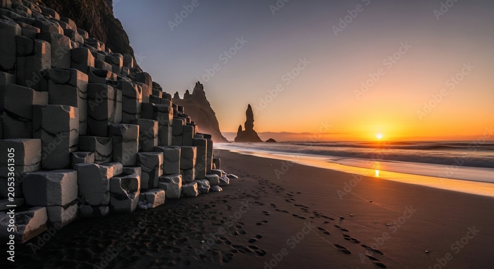 Naklejka premium Basalt rock columns on Reynisfjara black sand beach at sunrise in Iceland
