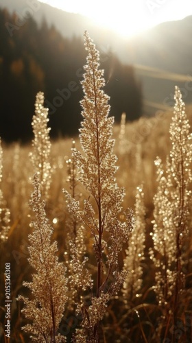 Sunlit Golden Tall Wild Grass Mountain Meadow At Sunset