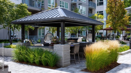 Outdoor cooking area with seating near apartment complex in sunny weather