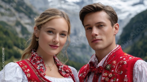 Young couple in traditional outfits standing in front of mountains during daytime in the Alps region of Europe in summer