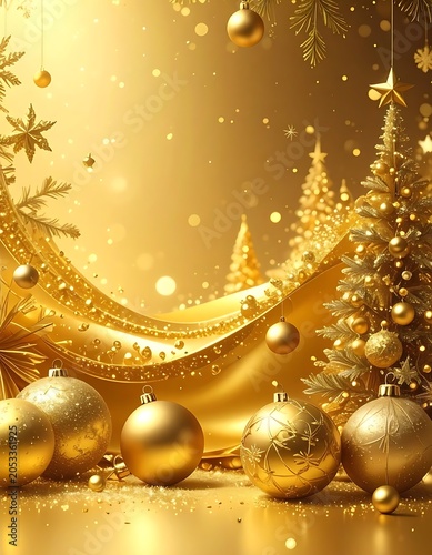 Golden Christmas scene with ornaments and snowflakes