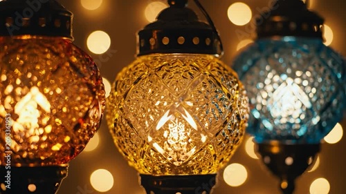 Ornate glass Turkish lanterns hanging against a warm bokeh background at night