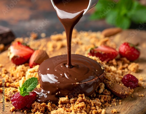 Melted chocolate pouring on crushed nuts and fruits