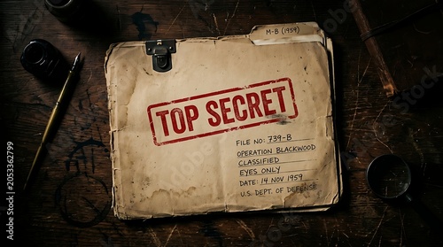 Top secret classified file folder on rustic wooden desk with old pen and ink classified document confidential official