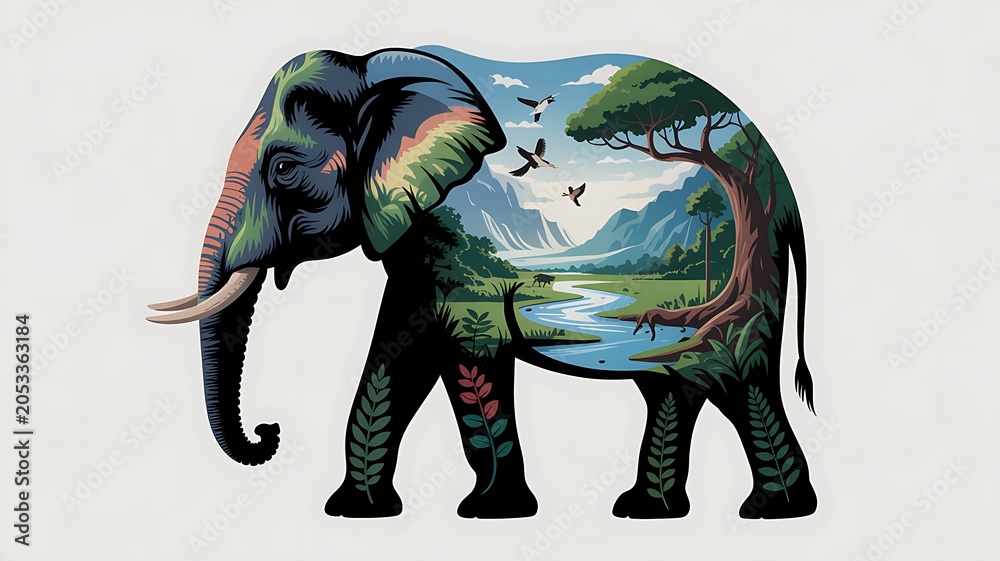 Obraz premium Elephant silhouette filled with a vibrant landscape and wildlife