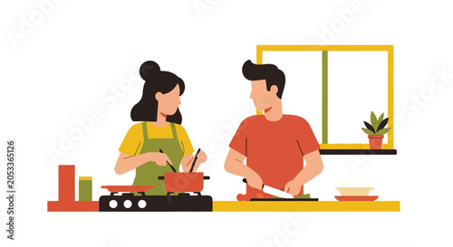 couple cooking together in kitchen at home