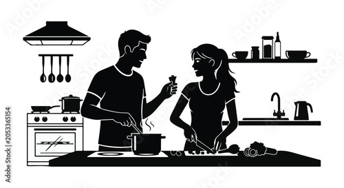 couple cooking together in kitchen vector illustration