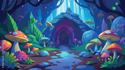 Enchanted forest path with glowing mushrooms leading to a mystical cave entrance in twilight