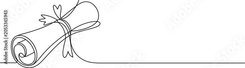 Foto Diploma Scroll: A minimalist, single-line drawing depicts a rolled diploma or certificate, tied with a ribbon, symbolizing education and achievement