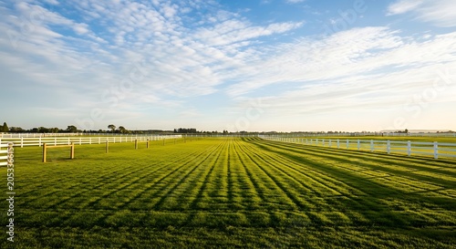 Beautiful green grass pasture on a horse ranch with white wooden fences under a blue sky