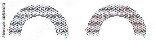 Arch shaped maze puzzle with highlighted solution path For Activity Book