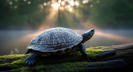 Turtle perched on mossy log, sun rays shining, tranquil nature scene.
