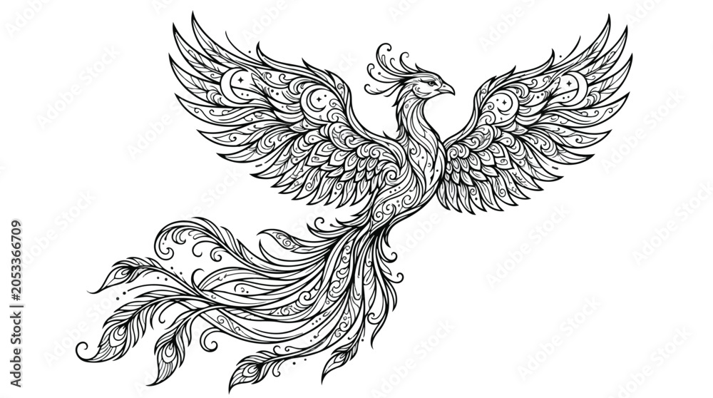 Fototapeta premium Intricate phoenix bird line art, mythical firebird with decorative feathers, hand drawn zentangle style phoenix vector illustration for coloring book