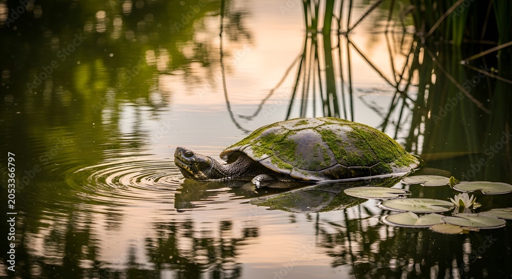 Fototapeta premium Turtle swimming in tranquil pond at sunset, nature scene