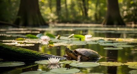 Turtle Sunbathing on Log in Serene Wetland with Lily Pads