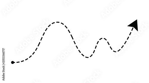 Minimalist curved dashed arrow vector, black wavy dotted line path with arrowhead, simple hand drawn style motion graphic element for infographics