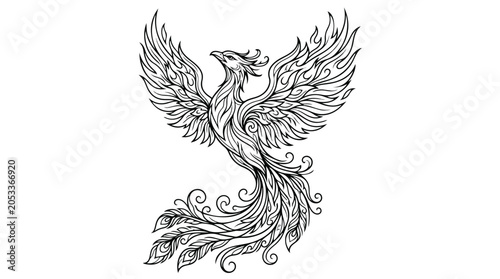 Photos Mythical phoenix bird line art vector, majestic firebird with spread wings and o