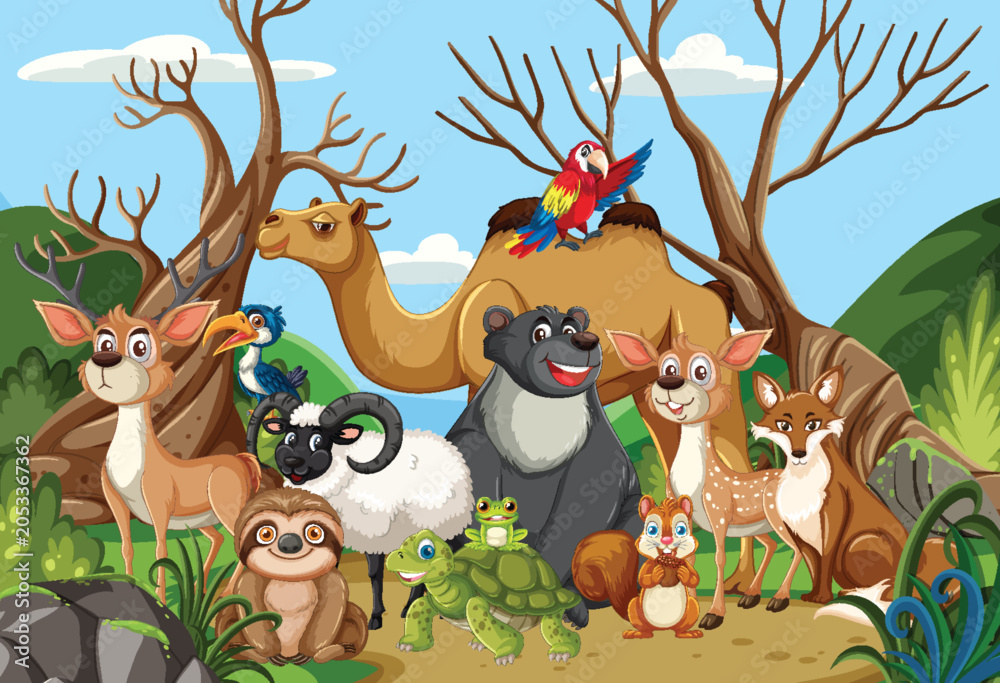 Fototapeta premium Group of Cartoon Forest and Desert Animals in Nature