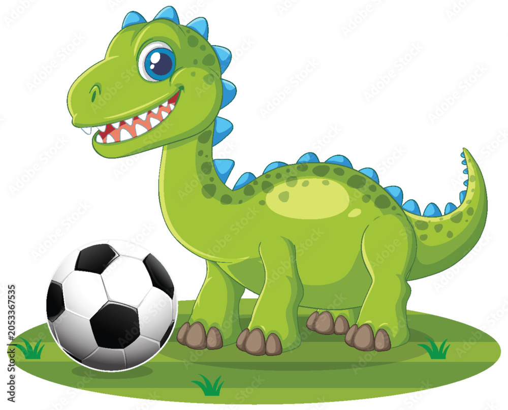 Fototapeta premium Cute Green Cartoon Dinosaur Standing Next to a Soccer Ball