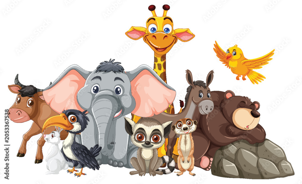 Fototapeta premium Group of Cartoon Wild Animals in Colorful Vector Style