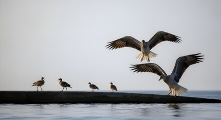 Seabirds in Flight and Resting by Coastal Water