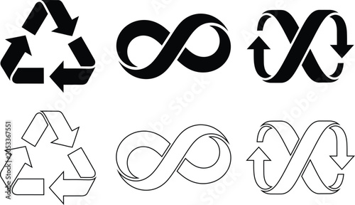 Black recycling symbols and infinity loops on a white background vector illustration