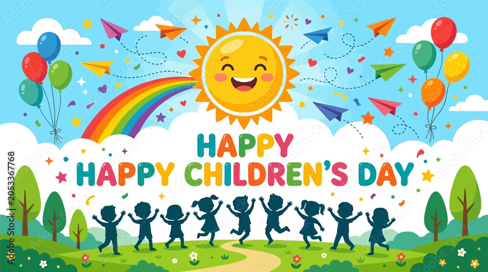 Naklejka premium Happy childrens day celebration banner with cute smiling sun, rainbow, colorful balloons, paper planes, and happy children silhouettes on a landscape