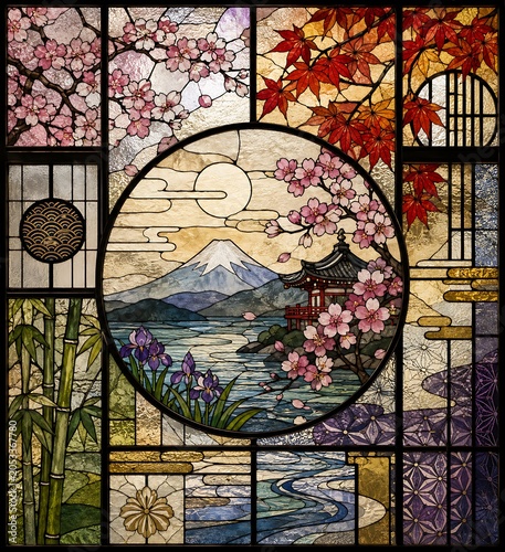 Japanese Stained Glass Art Featuring Mount Fuji, Sakura, Maple Leaves and Traditional Cultural Motifs, Generative AI