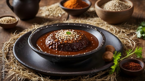 Traditional Mexican Mole Sauce Dish Served in Rustic Bowl with Seeds and Gourmet Presentation
