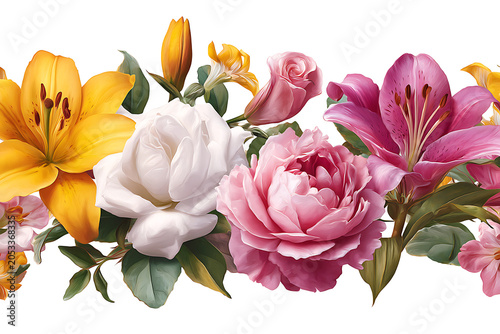 Beautiful Floral Border Arrangement with Yellow Lilies and Pink Roses.