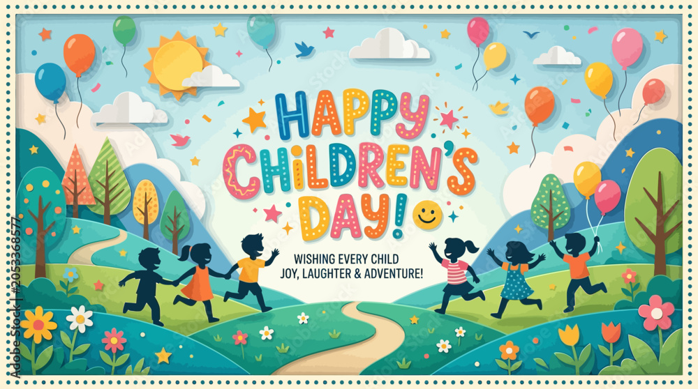 Naklejka premium Happy childrens day celebration banner with joyful kids playing in a colorful landscape, vibrant vector illustration for kids event and greeting card