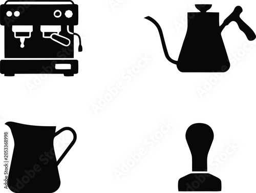 Cuadro en lienzo Barista professional coffee making equipment solid icons with barista tools bari