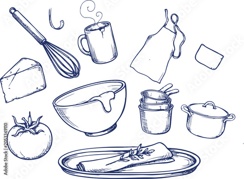 Hand drawn kitchen utensils and food ingredient sketch set with utensils illustration culinary bakeware preparation ingredients monochrome restaurant homestyle kitchenware homemade scribble