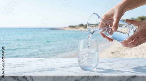 Refreshing glass of water being poured on a marble table overlooking a sunny tropical beach