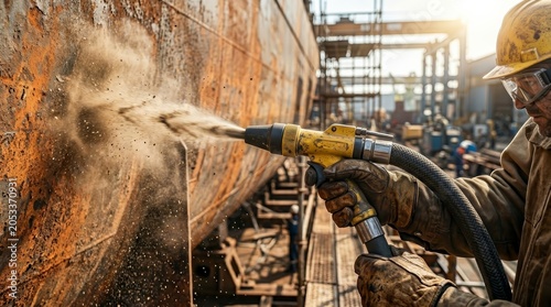 Industrial worker using sandblasting equipment to clean a large metal ship hull