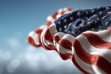 US flag waving against a soft sky, illuminated by warm light revealing premium fabric folds. Ample right copy space is ideal for logos, perfect for Fourth of July promotions and commercial design.