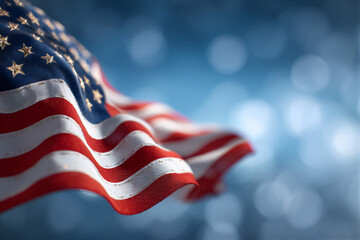 US flag waving against a soft sky, illuminated by warm light revealing premium fabric folds. Ample right copy space is ideal for logos, perfect for Fourth of July promotions and commercial design.