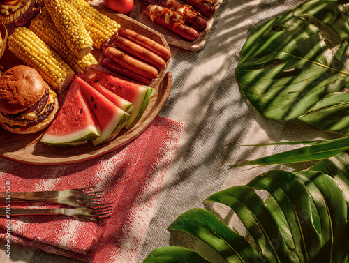 Foto Top view summer BBQ feast on rustic wood featuring juicy burgers, grilled hot dogs, corn, and watermelon under dappled light, vibrant tones, clean copy space for text, ideal for food ads and event