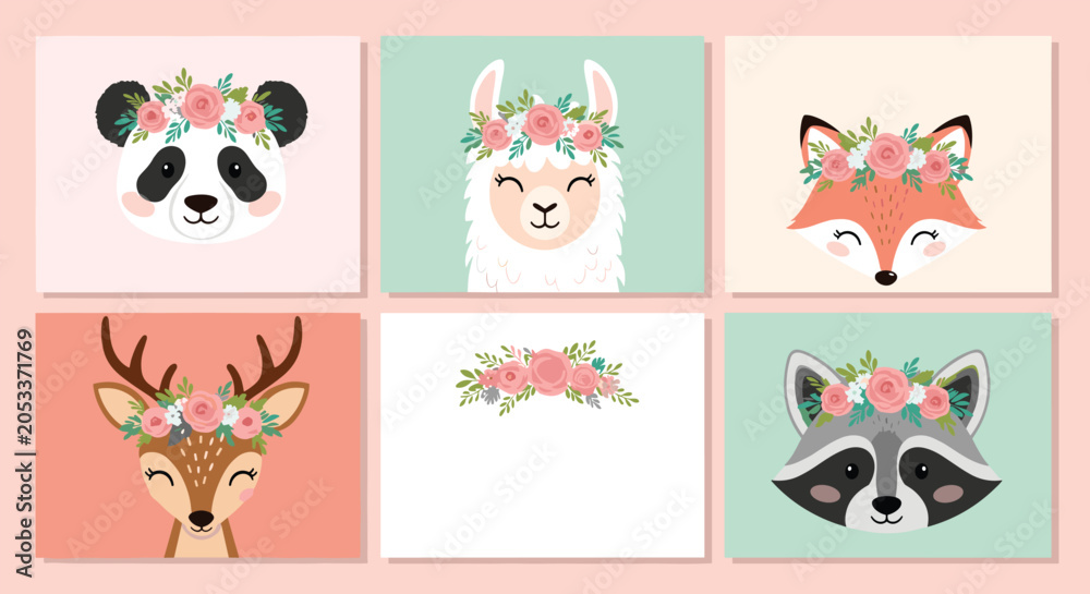 Fototapeta premium Adorable set of animal portraits featuring a panda, llama, fox, deer, and raccoon each wearing a beautiful pink flower crown on pastel backgrounds.