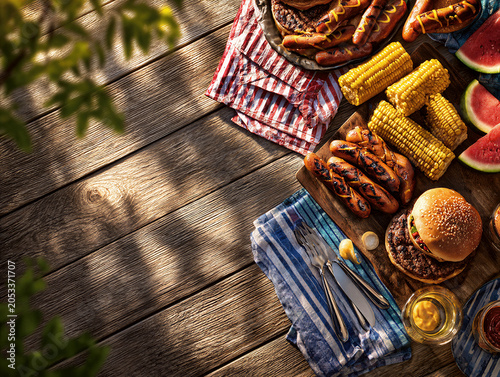 Slika na platnu Top view summer BBQ feast on rustic wood featuring juicy burgers, grilled hot dogs, corn, and watermelon under dappled light, vibrant tones, clean copy space for text, ideal for food ads and event