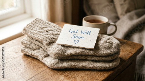 Get Well Soon card on wool socks, cozy recovery concept with tea mug, warm winter care package for sick friend, rustic wooden table setting