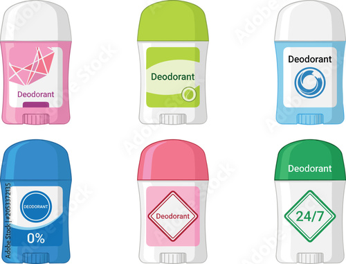 Deodorant stick bottles vector set with colorful antiperspirant containers body care product labels isolated on white background for hygiene concept