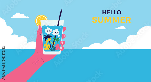 Hand holding refreshing blue tropical cocktail glass with palm trees and ice cubes against a sunny beach sky background.