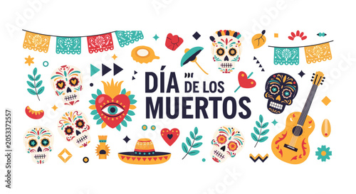 Dia de los Muertos celebration background featuring sugar skulls, Mexican guitar, sombrero, and traditional colorful paper banners.