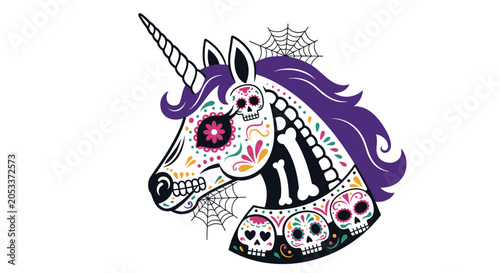 Artistic unicorn head profile featuring traditional Dia de los Muertos sugar skull patterns and a vibrant purple mane.
