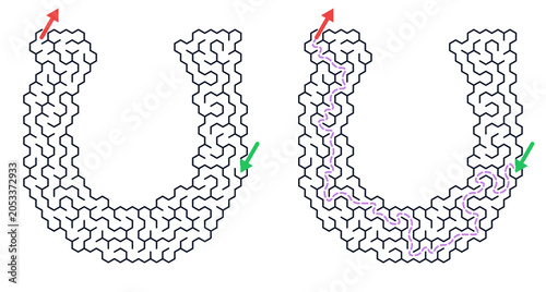 U shaped hexagonal maze puzzle with highlighted solution path For Workbook