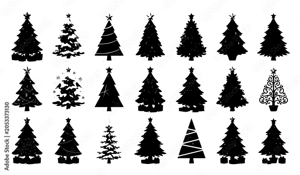 Fototapeta premium Large set of various minimal black pine tree and spruce tree silhouettes
